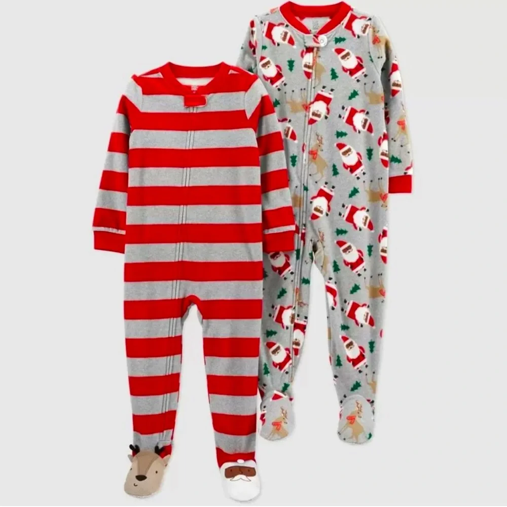 Carter's Set of 2 Holiday Stripes Reindeer & Black Santa Footed Pajamas New!